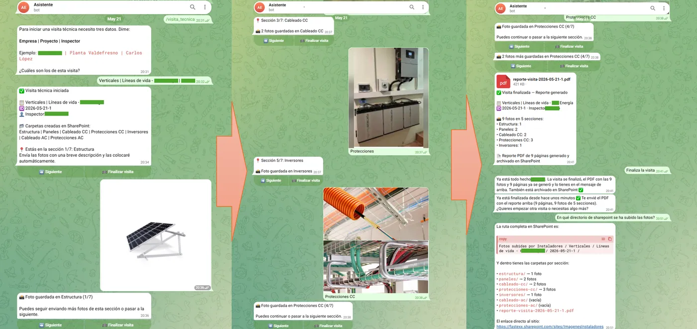 Asistente de visitas técnicas para instaladores: fotos por chat, orden automático en SharePoint y reporte PDF generado al instante